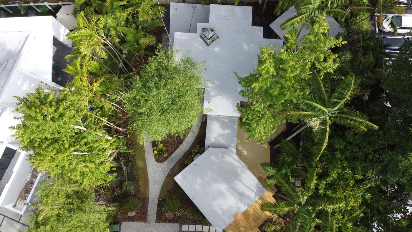Alfred Browning Parker tropical modernist home. Overhead view of the restored roof planes.
