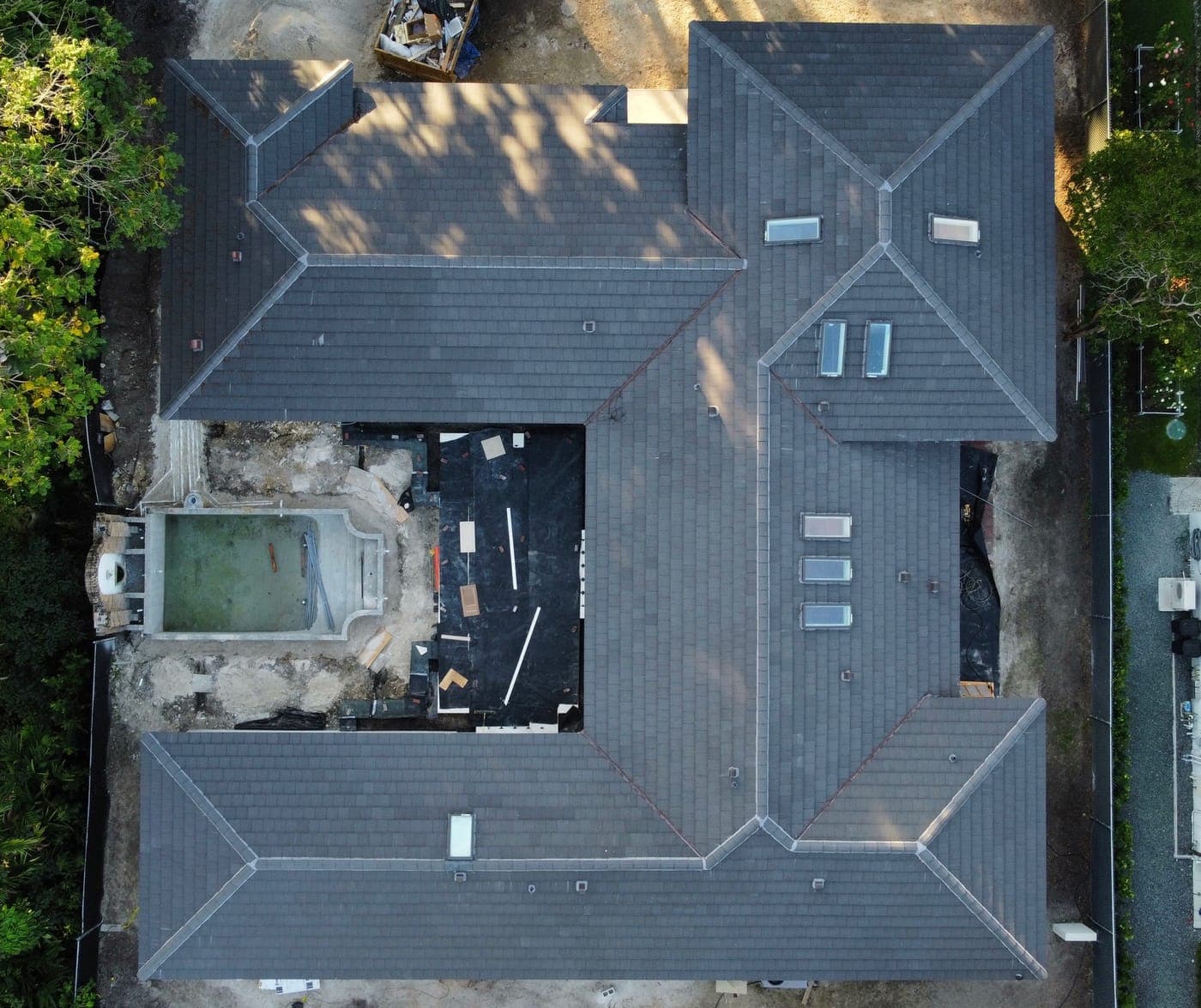 Aerial roof inspection of a residential home.